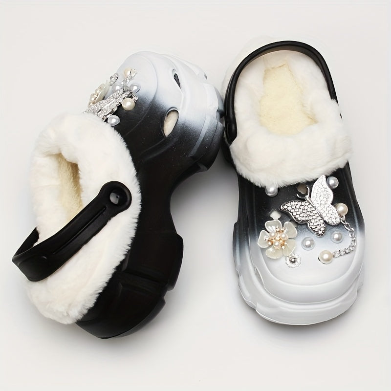 1 Pair Women'S Winter Flannel-Lined EVA Clogs, Casual Gradient Color Slippers with Butterfly and Flower Embellishments, Warm Indoor House Shoes with Positioning Printing