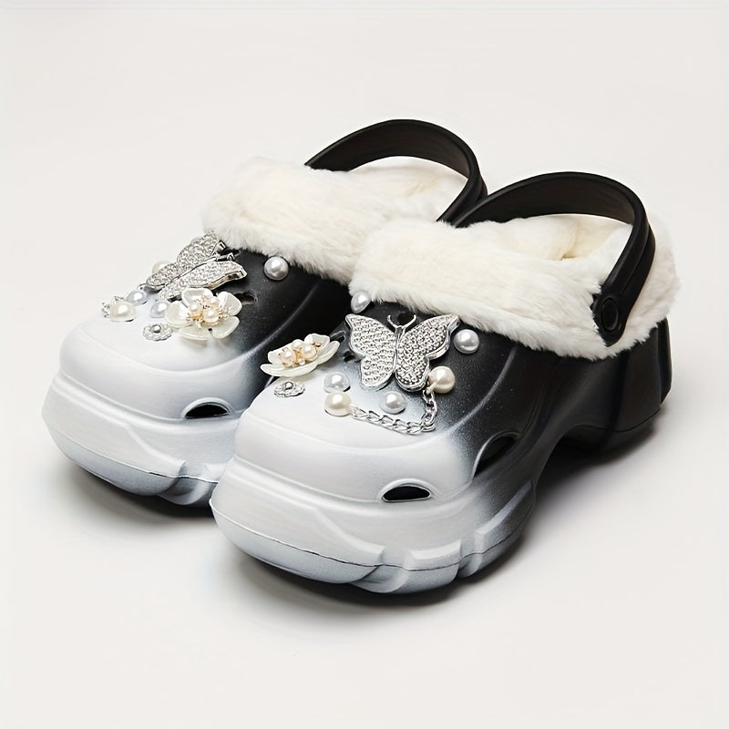 1 Pair Women'S Winter Flannel-Lined EVA Clogs, Casual Gradient Color Slippers with Butterfly and Flower Embellishments, Warm Indoor House Shoes with Positioning Printing