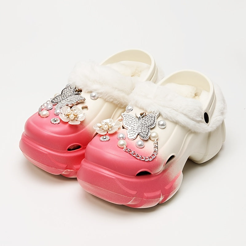 1 Pair Women'S Winter Flannel-Lined EVA Clogs, Casual Gradient Color Slippers with Butterfly and Flower Embellishments, Warm Indoor House Shoes with Positioning Printing