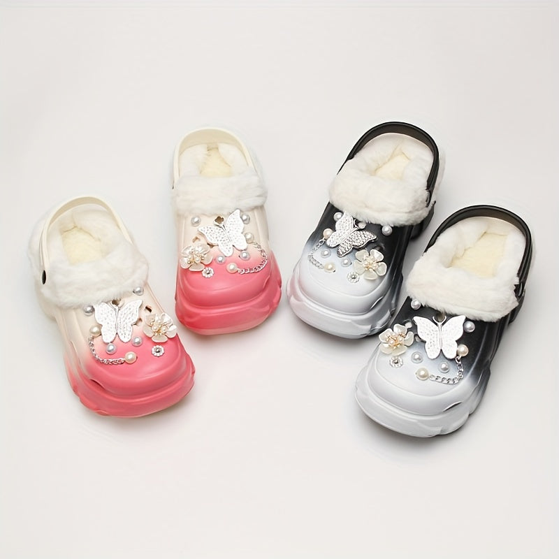 1 Pair Women'S Winter Flannel-Lined EVA Clogs, Casual Gradient Color Slippers with Butterfly and Flower Embellishments, Warm Indoor House Shoes with Positioning Printing