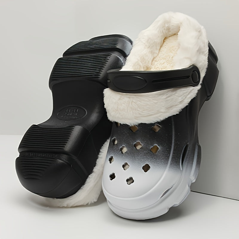 1 Pair Women'S Winter Flannel-Lined EVA Clogs, Casual Gradient Color Slippers with Butterfly and Flower Embellishments, Warm Indoor House Shoes with Positioning Printing