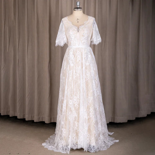 #6216 Lace V-Neck Nude Lining Backless Boho Bohemian Beach Sweep Train Wedding Dress Bridal Wedding Dresses