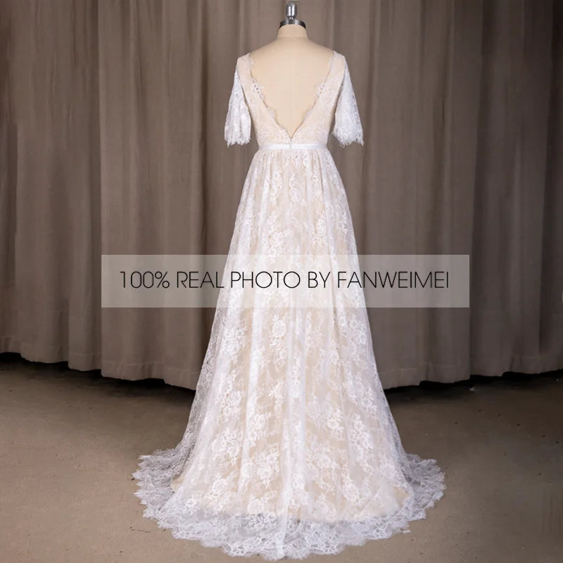 #6216 Lace V-Neck Nude Lining Backless Boho Bohemian Beach Sweep Train Wedding Dress Bridal Wedding Dresses