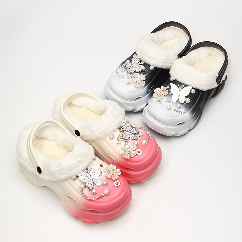 1 Pair Women'S Winter Flannel-Lined EVA Clogs, Casual Gradient Color Slippers with Butterfly and Flower Embellishments, Warm Indoor House Shoes with Positioning Printing