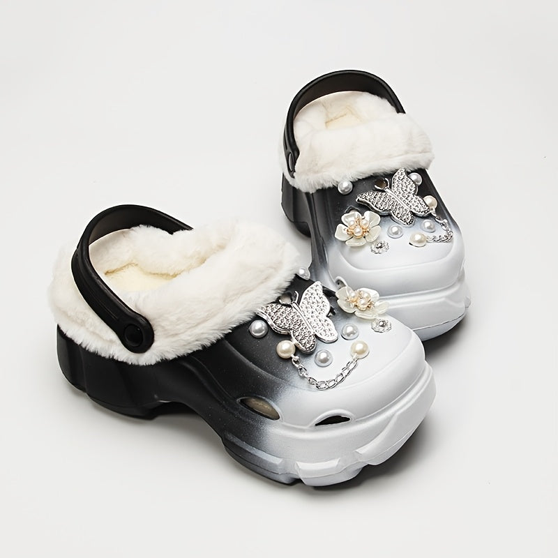 1 Pair Women'S Winter Flannel-Lined EVA Clogs, Casual Gradient Color Slippers with Butterfly and Flower Embellishments, Warm Indoor House Shoes with Positioning Printing